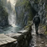 randonnee ardeche : sentier dans les gorges, marcheur en Ardèche