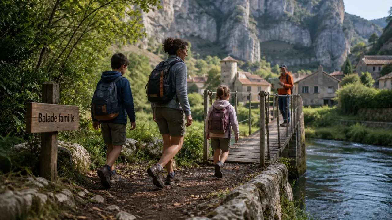 randonnee facile ardeche en famille : marche sur sentier près d’une rivière