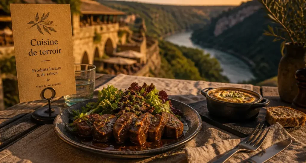 Restaurant sud ardeche : table terrasse avec caillette ardéchoise et picodon