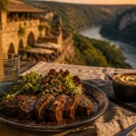 Restaurant sud ardeche : table terrasse avec caillette ardéchoise et picodon