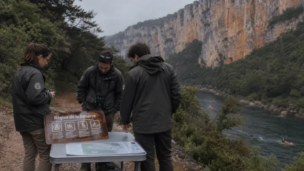 Syndicat de gestion des gorges de l ardèche : règles bivouac et plan sur table près de la rivière