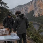 Syndicat de gestion des gorges de l ardèche : règles bivouac et plan sur table près de la rivière