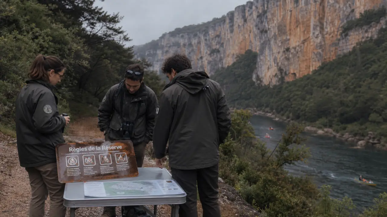 Syndicat de gestion des gorges de l ardèche : règles bivouac et plan sur table près de la rivière