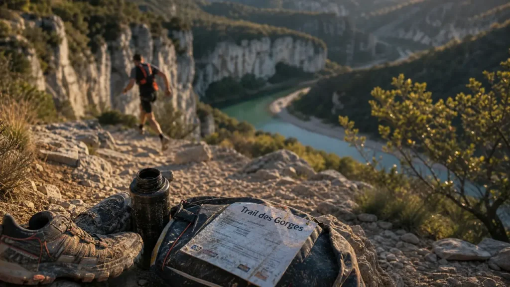 Trail des gorges de l ardèche sur sentier caillouteux, coureur près des falaises