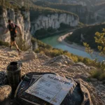 Trail des gorges de l ardèche sur sentier caillouteux, coureur près des falaises