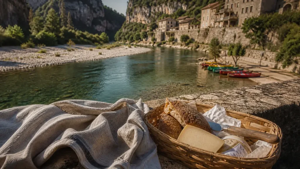 Vacances en Ardèche : pont de pierre sur rivière turquoise et canoës