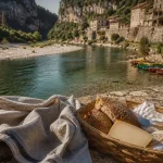 Vacances en Ardèche : pont de pierre sur rivière turquoise et canoës