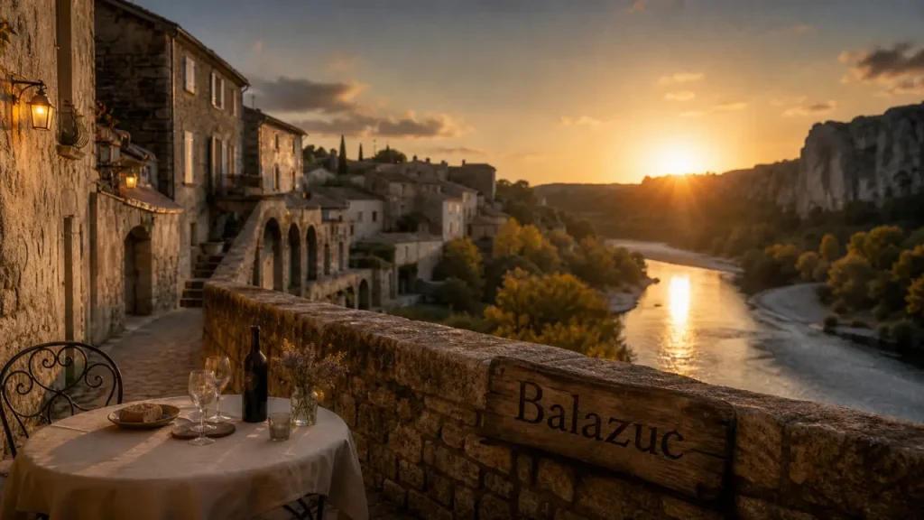 Villages ardeche : Balazuc, ruelle en calade, maisons de pierre et gorges d’Ardèche