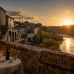 Villages ardeche : Balazuc, ruelle en calade, maisons de pierre et gorges d’Ardèche