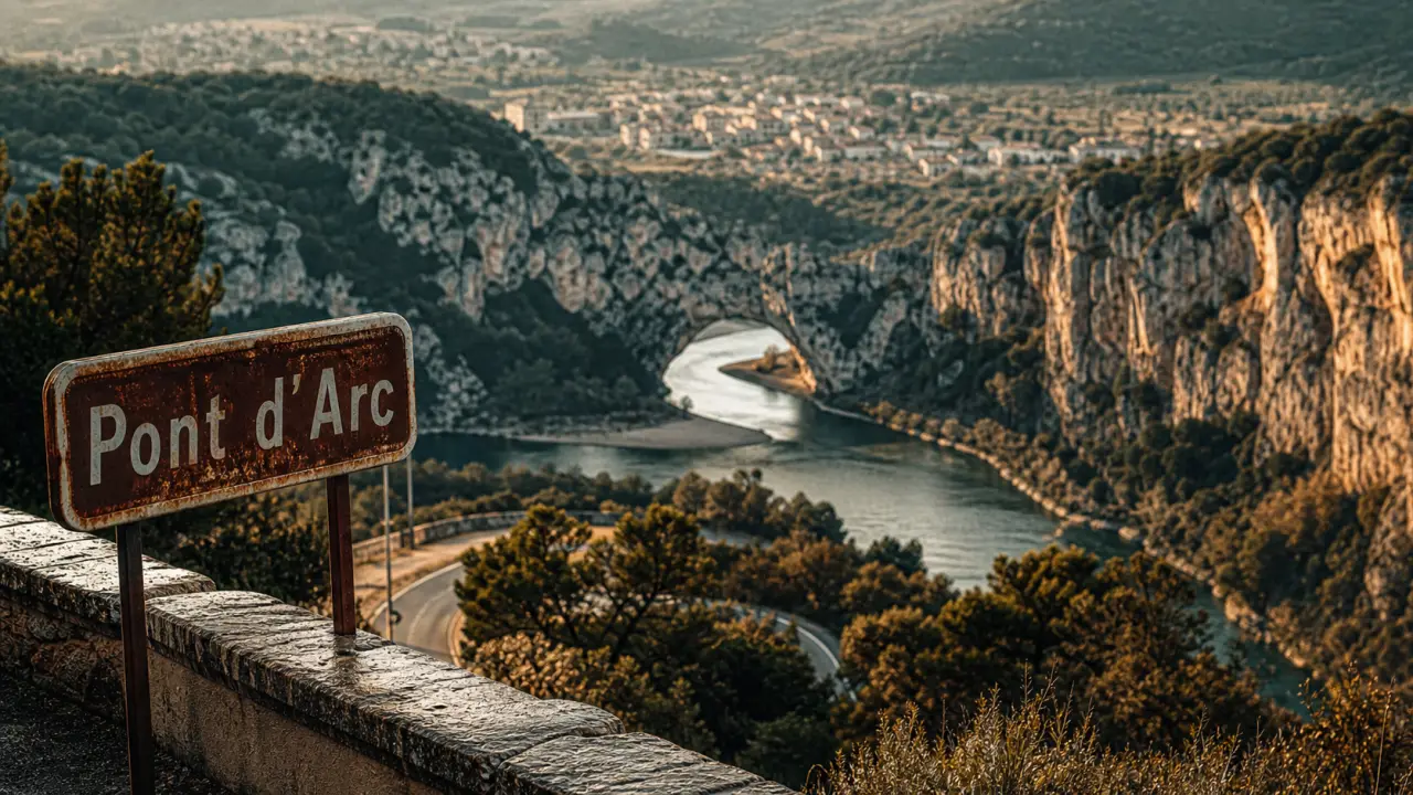 Visiter l’Ardèche : Pont d’Arc dans les gorges depuis un belvédère
