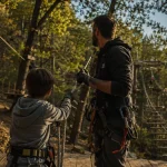Accrobranche ardeche : parent et enfant en tyrolienne