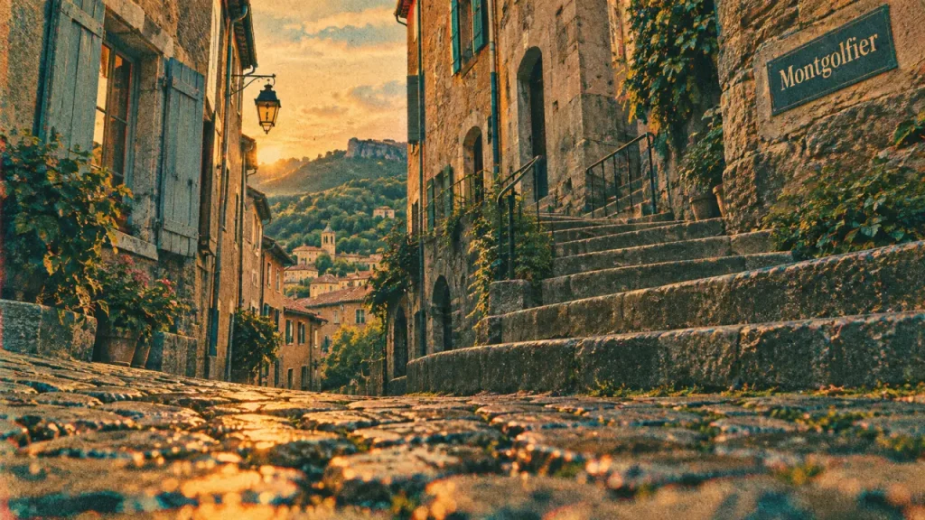 Annonay visite : ruelle en pente, escaliers et montgolfières