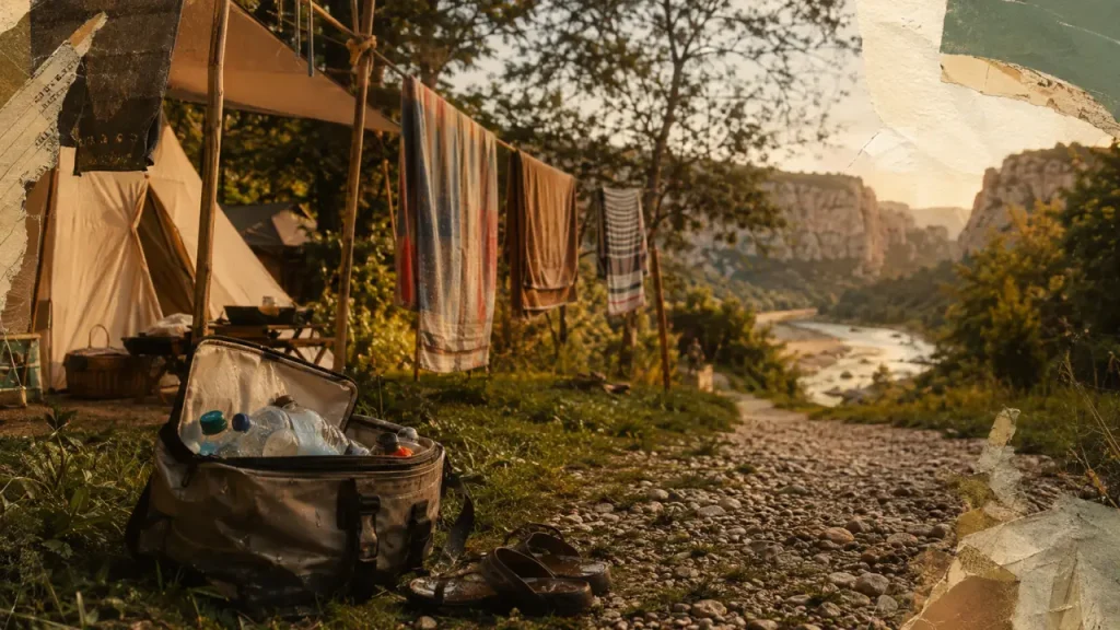 Ardeche vacances camping : tente et serviettes près de la rivière