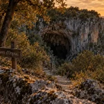 Ardèche visite insolite : aven d’Orgnac, entrée de grotte en golden hour