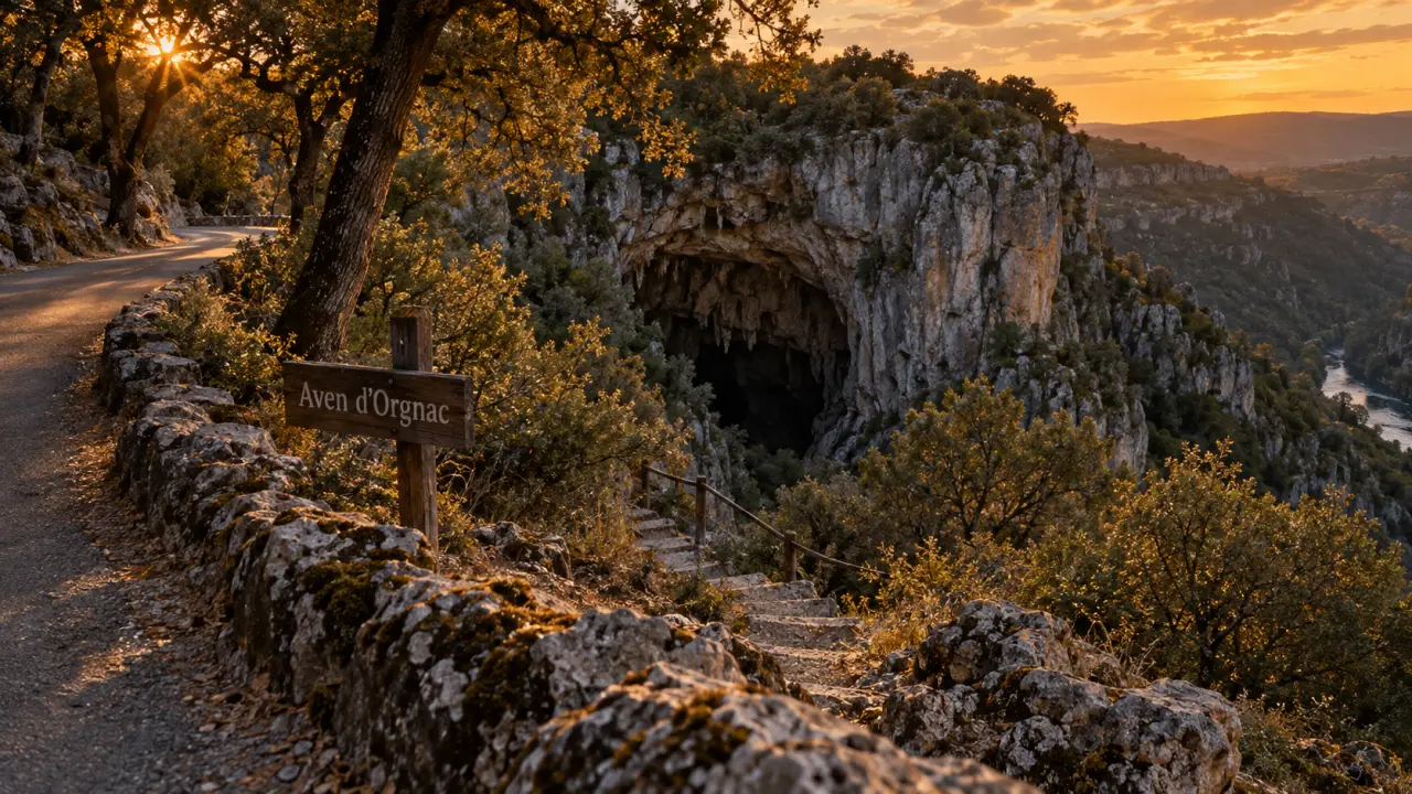 Ardèche visite insolite : aven d’Orgnac, entrée de grotte en golden hour