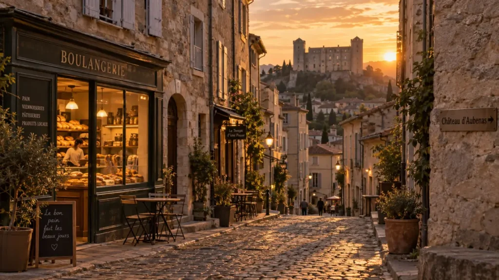 Aubenas que visiter : ruelle pavée et château au coucher du soleil