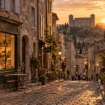 Aubenas que visiter : ruelle pavée et château au coucher du soleil