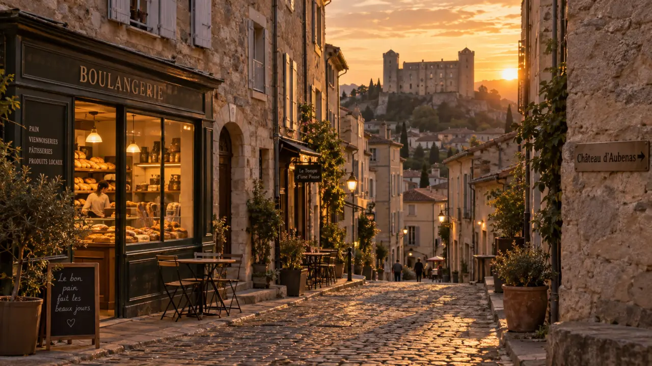 Aubenas que visiter : ruelle pavée et château au coucher du soleil