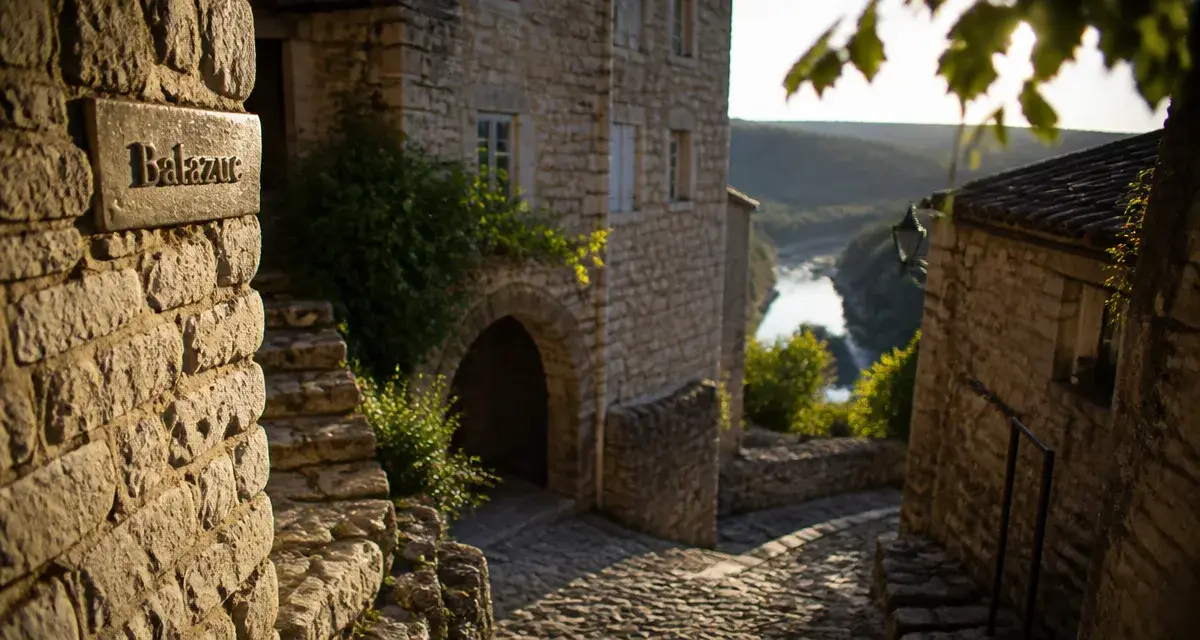 Balazuc, plus beau village d'ardèche, ruelle en calade et panorama