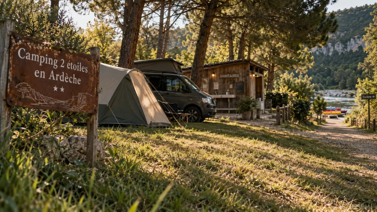 Camping 2 etoiles en Ardeche : tente et van pres de la riviere, cadre calme