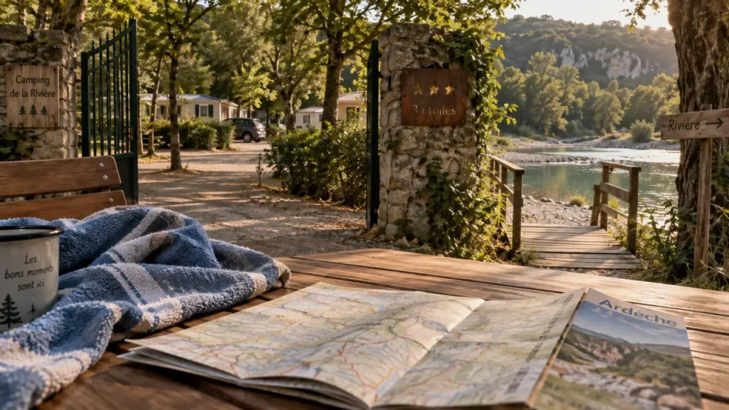 Camping 3 etoile ardeche : carte et serviette sur table, vue rivière