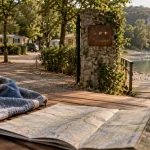 Camping 3 etoile ardeche : carte et serviette sur table, vue rivière