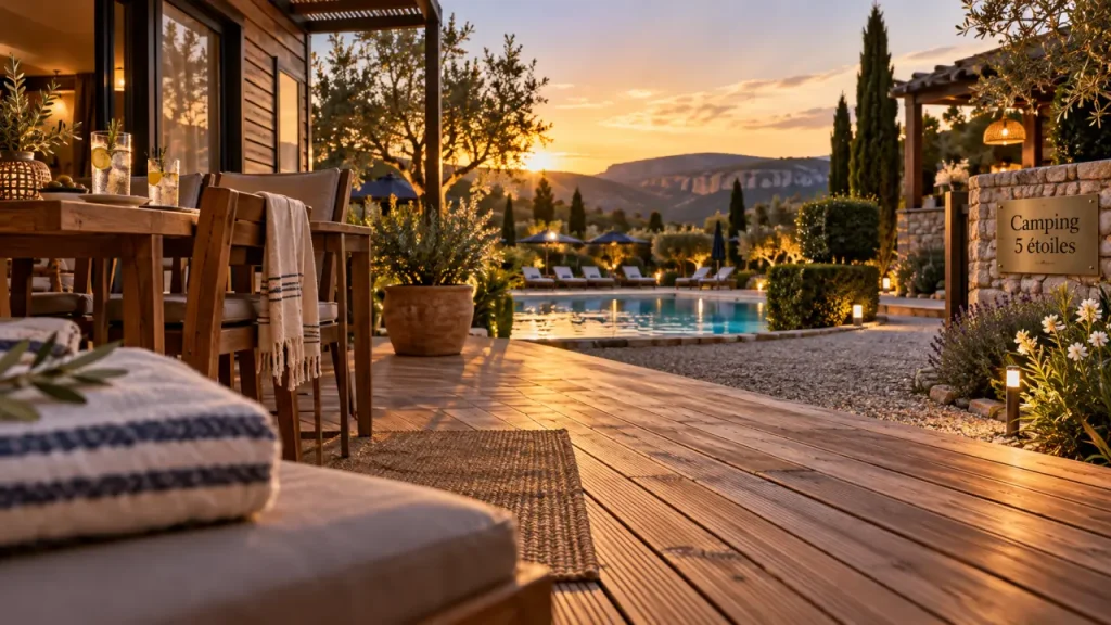 Camping 4 et 5 etoiles ardeche : terrasse et piscine au spa, vue Ardèche