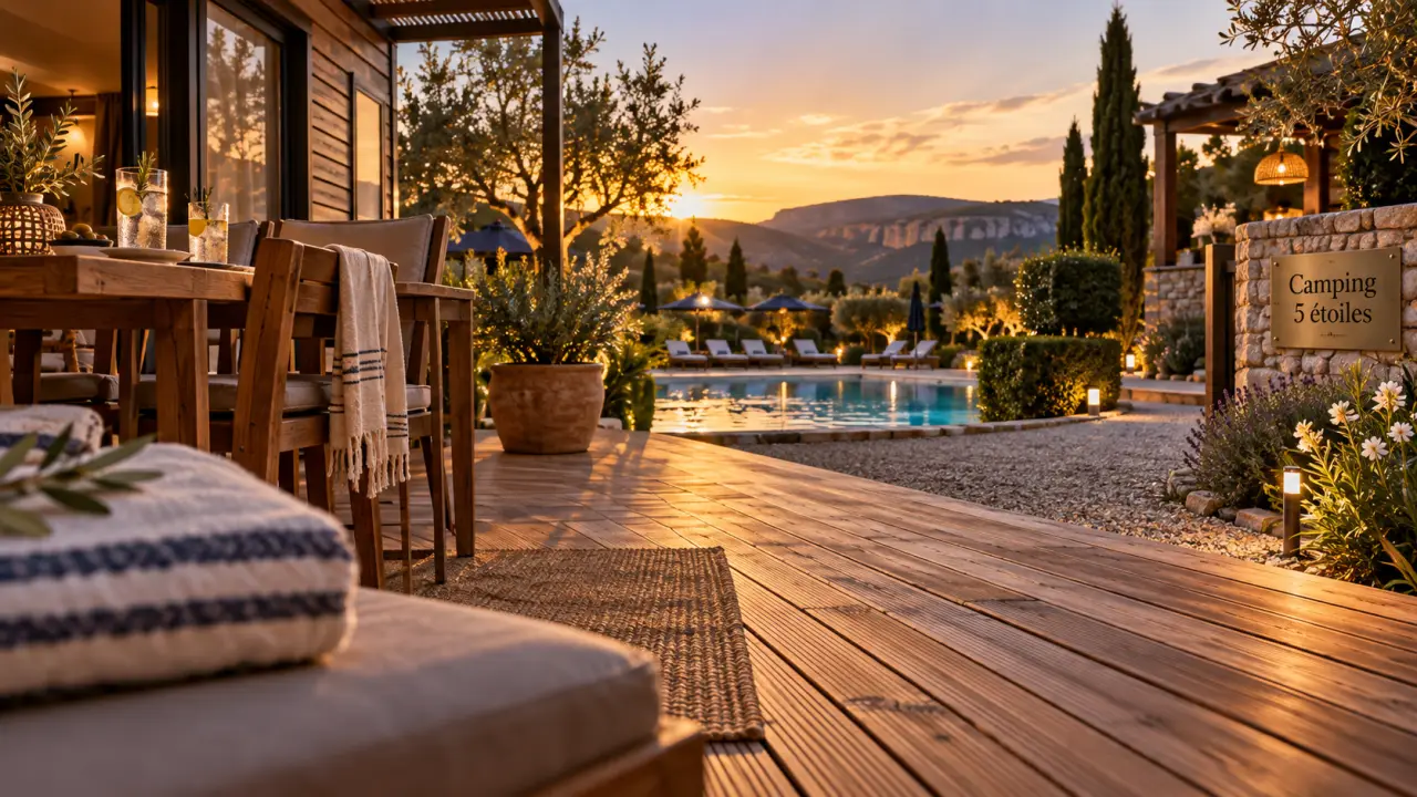 Camping 4 et 5 etoiles ardeche : terrasse et piscine au spa, vue Ardèche