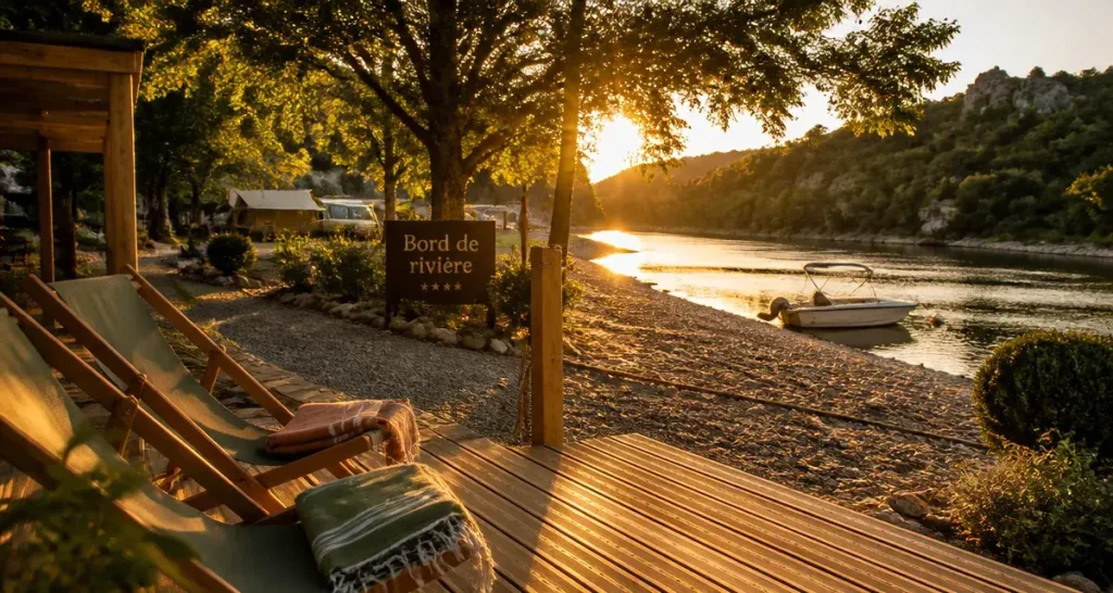 Camping 4 etoiles ardeche bord de riviere : terrasse, transats et plage de galets