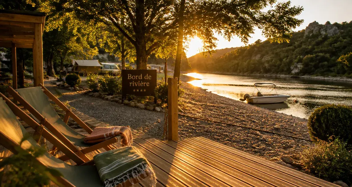 Camping 4 etoiles ardeche bord de riviere : terrasse, transats et plage de galets