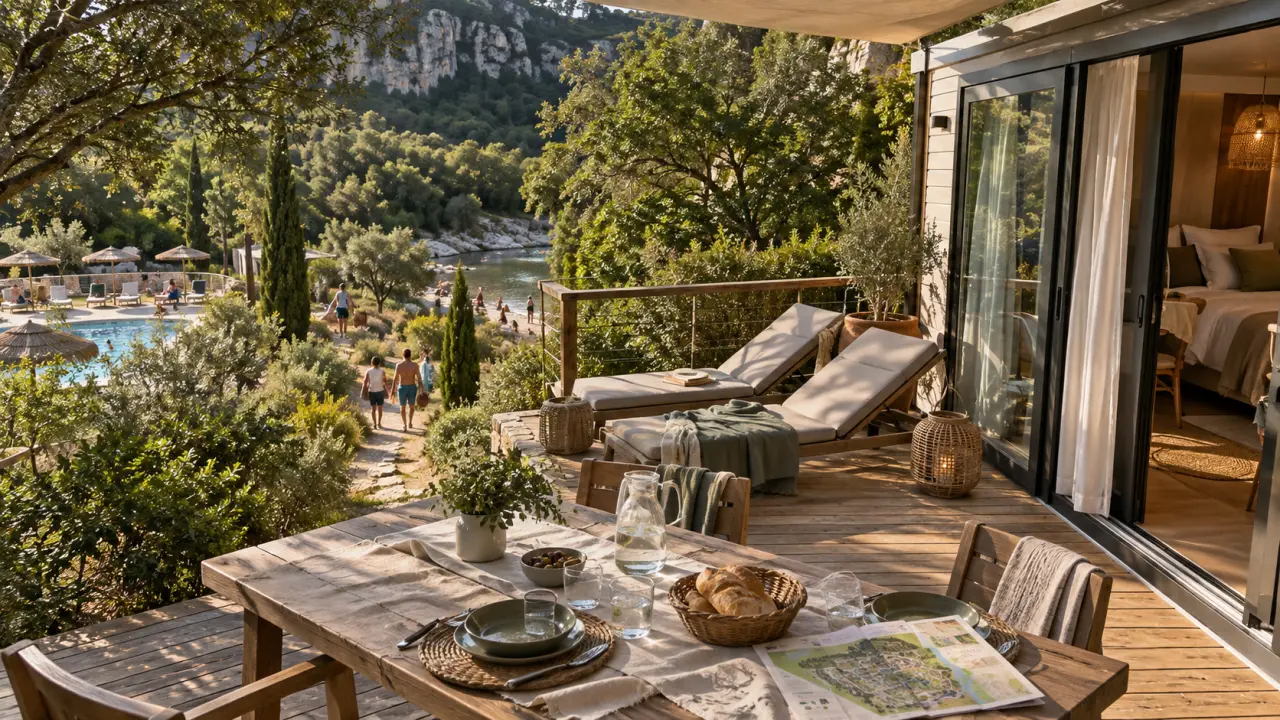 Camping 5 etoiles ardeche sud : mobil-home, piscine et rivière