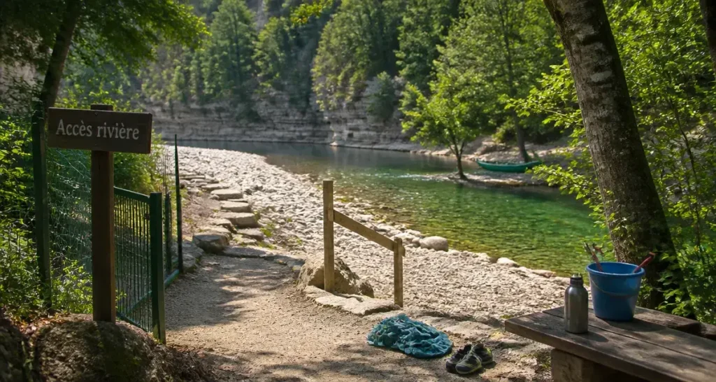 Camping ardeche acces riviere : chemin vers la rivière et baignade