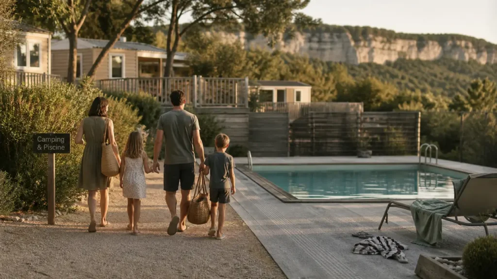 Camping Ardèche du sud avec piscine : famille près d’une piscine du camping