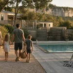 Camping Ardèche du sud avec piscine : famille près d’une piscine du camping