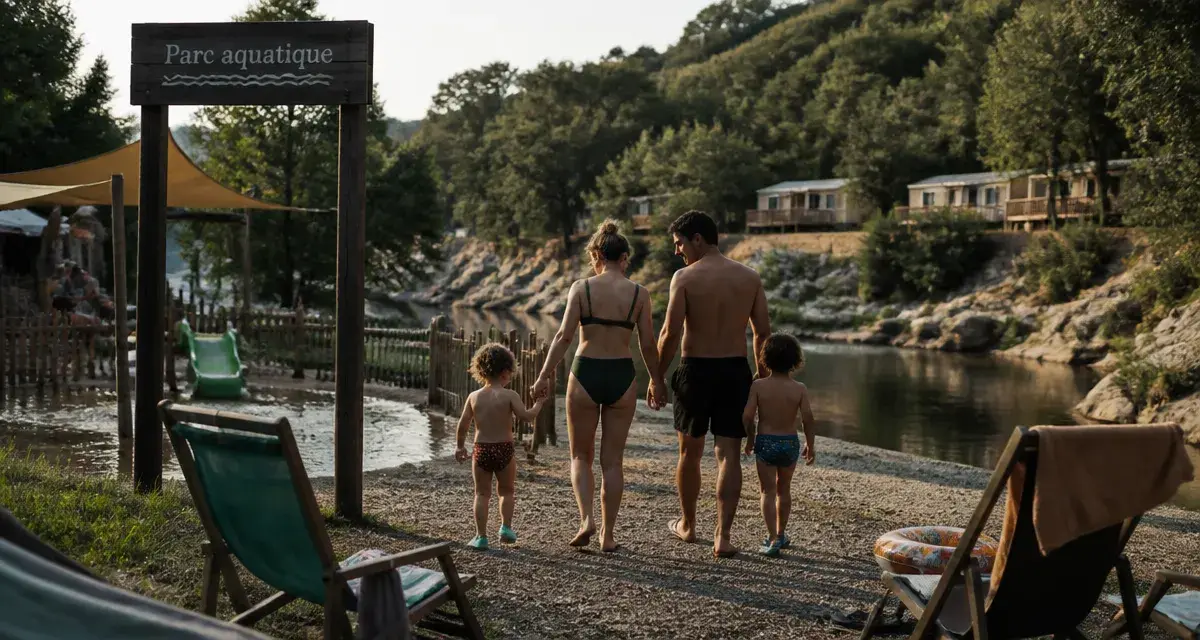 Camping Ardèche parc aquatique en bord de rivière : famille au frais
