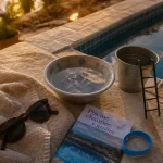 Camping ardèche piscine chauffée : serviette et eau tiède au bord de la piscine