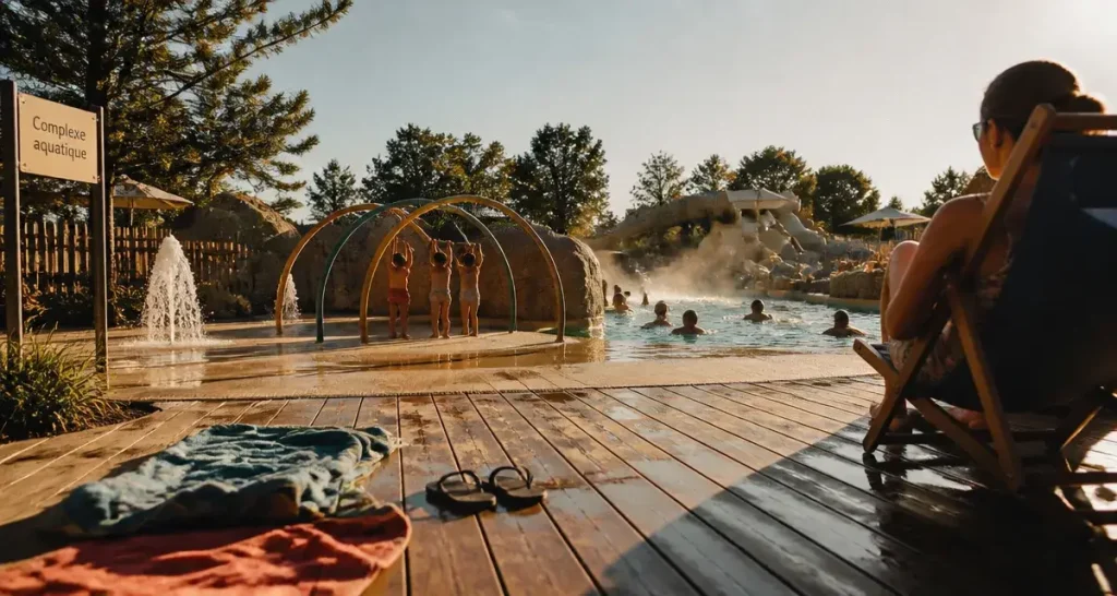 Camping avec complexe aquatique : terrasse humide, piscine chauffée et toboggans