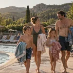 Camping familial Ardèche avec piscine : famille au bord de la piscine
