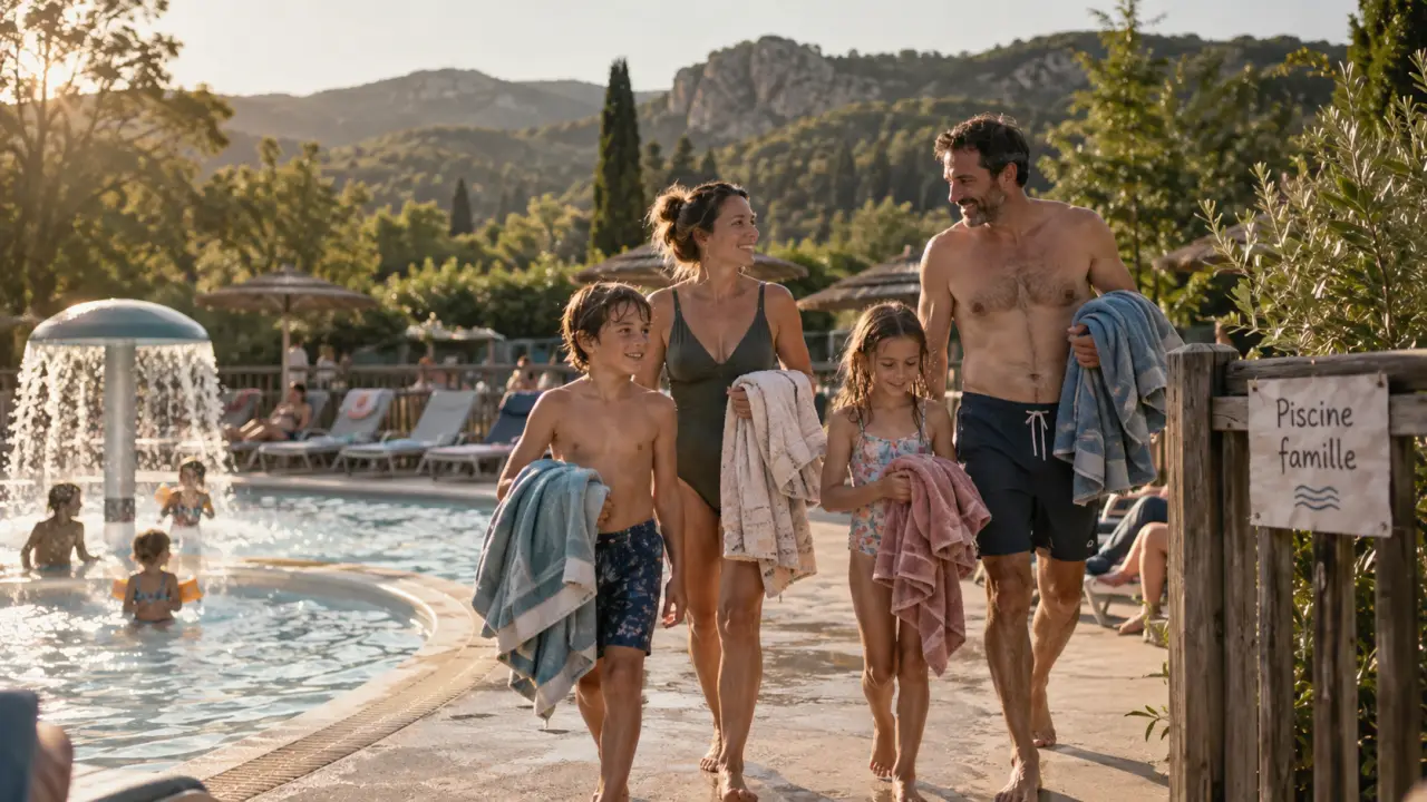 Camping familial Ardèche avec piscine : famille au bord de la piscine