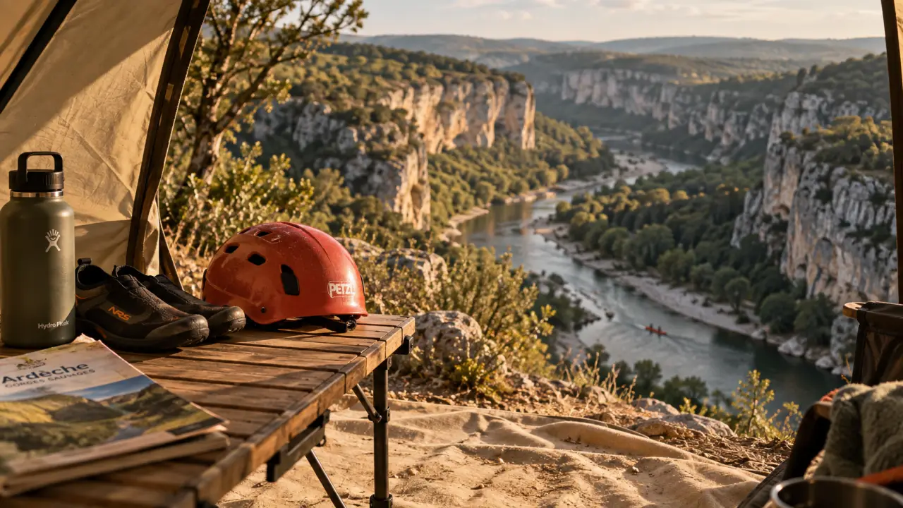 Camping gorge de l'Ardèche : tente et rivière entre falaises