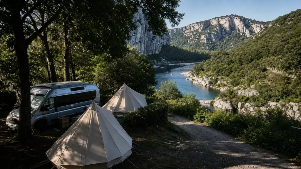 Camping nature ardeche : tentes près d’une rivière et gorges