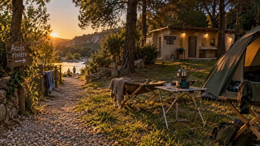 Camping pas cher Ruoms : emplacement tente près de la rivière, accès rivière