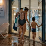 Camping piscine couverte chauffée : famille entrant dans la piscine intérieure
