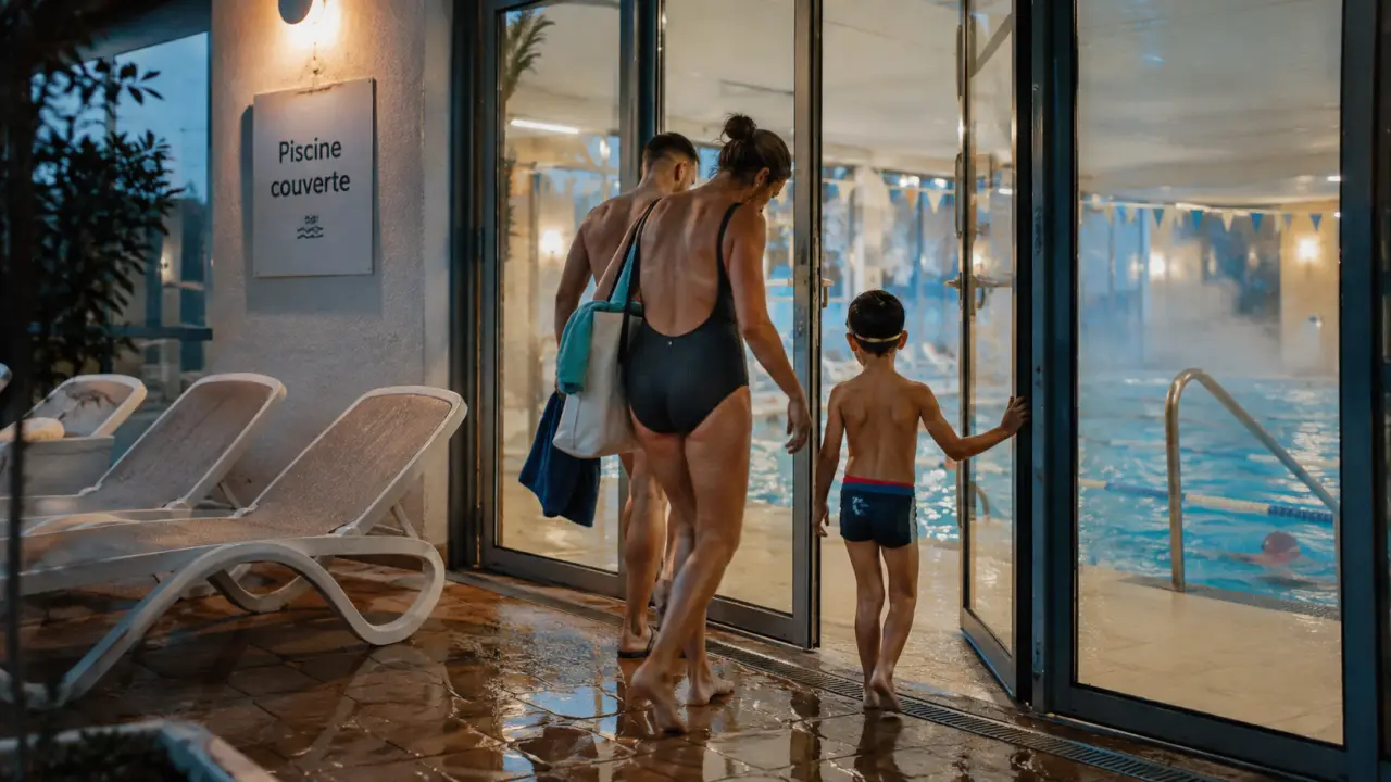 Camping piscine couverte chauffée : famille entrant dans la piscine intérieure