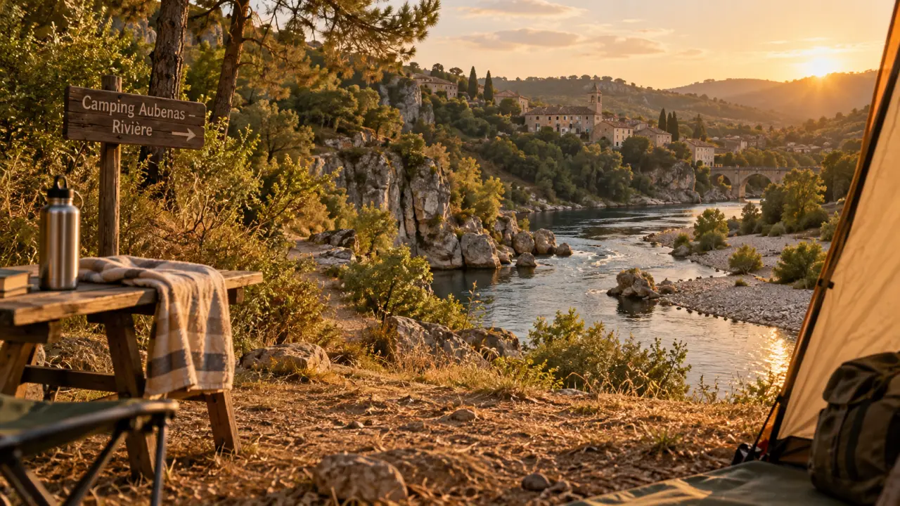 Camping près aubenas : tente et rivière Ardèche, villages et calme