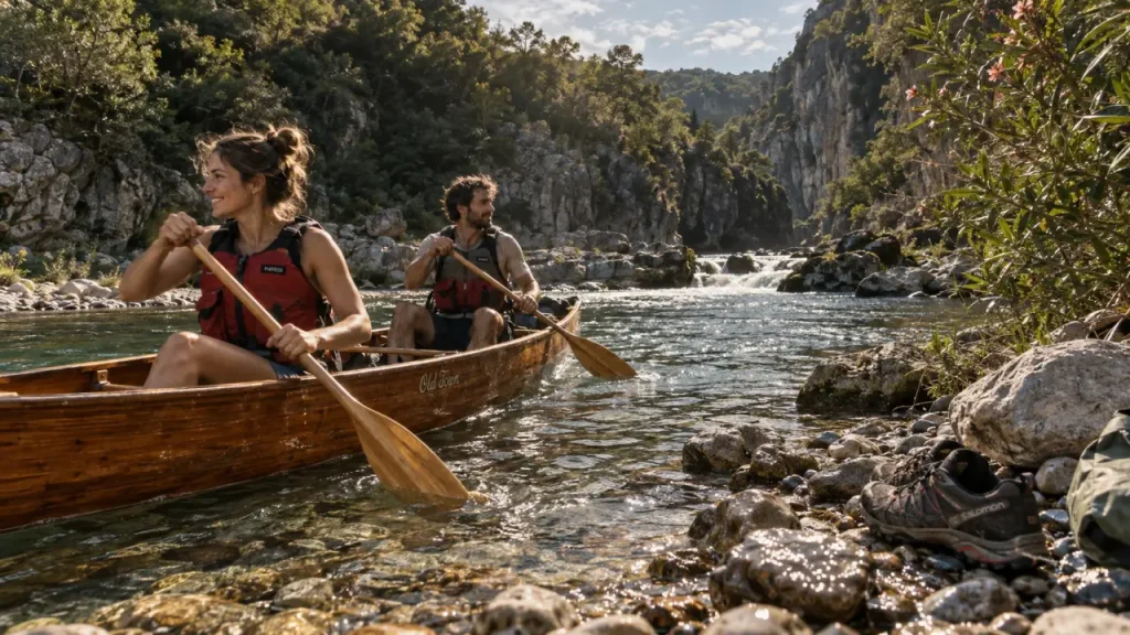 Canoe chassezac dans les gorges, eau claire et pagaies, gilets de sauvetage