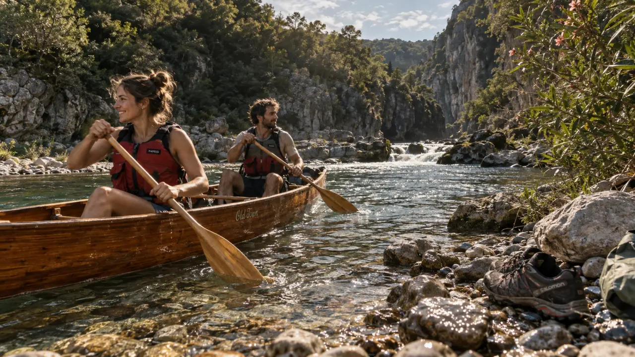 Canoe chassezac dans les gorges, eau claire et pagaies, gilets de sauvetage