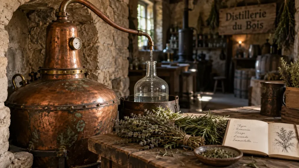 Distillerie du bois de païolive : alambic cuivre près de la pierre au Mas du Granzon