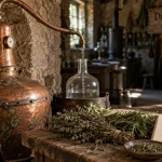 Distillerie du bois de païolive : alambic cuivre près de la pierre au Mas du Granzon