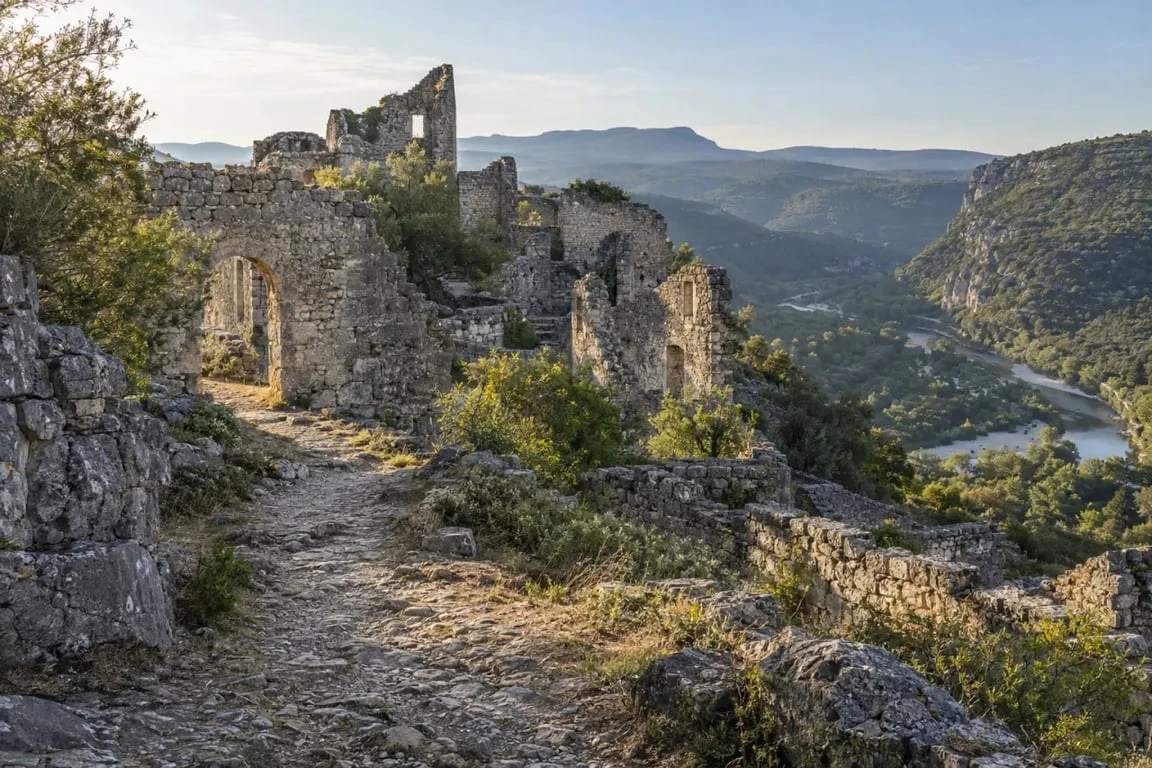 Le Chastelas de Grospierres, village médiéval en ruine au-dessus de la vallée du Chassezac